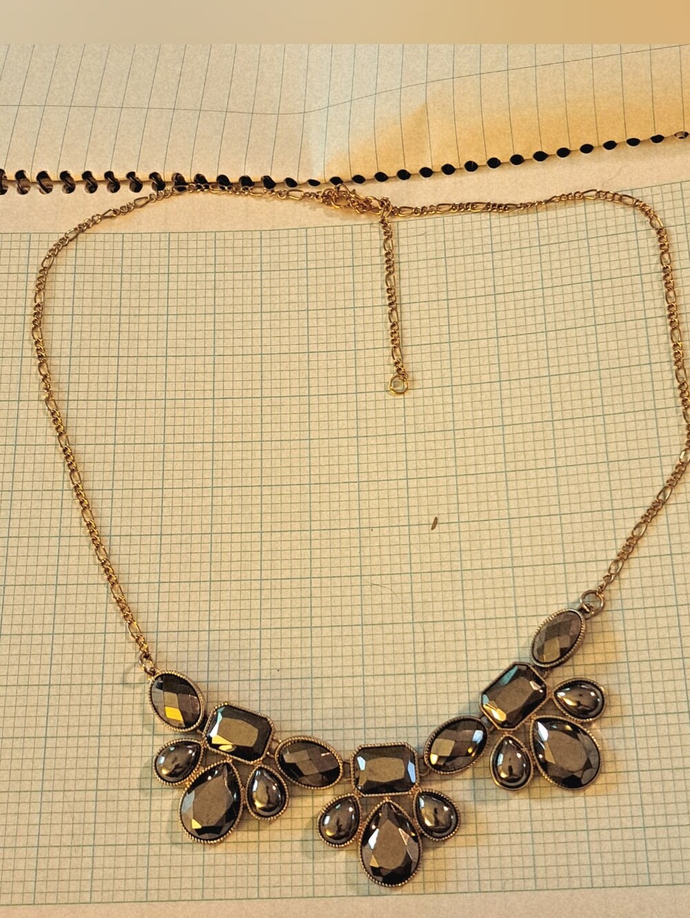 Gold Tone Chain Statement Necklace with Hematite Metallic Look Faux Stones